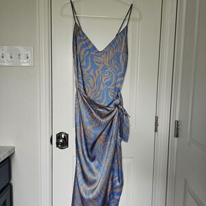 Tyche Blue and Gold Asymmetrical Wrap Midi Dress